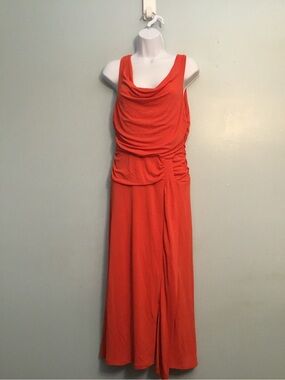 Sutton Studio Coral Red Sleeveless Cowl Neck Maxi Dress Ruched Waist Size M